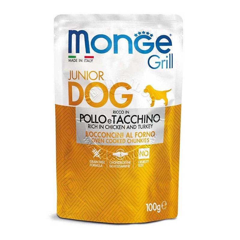0001444 m13178 monge grill dog pouches puppy junior chicken turkey100g
