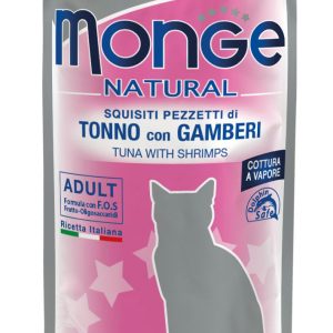 0001564 m06903 monge natural wet cat pouches tuna flakes with shrimp in jelly 80 g