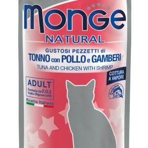 0001569 m07764 monge natural wet cat pouches tunachicken flakes with shrimp in jelly 80 g