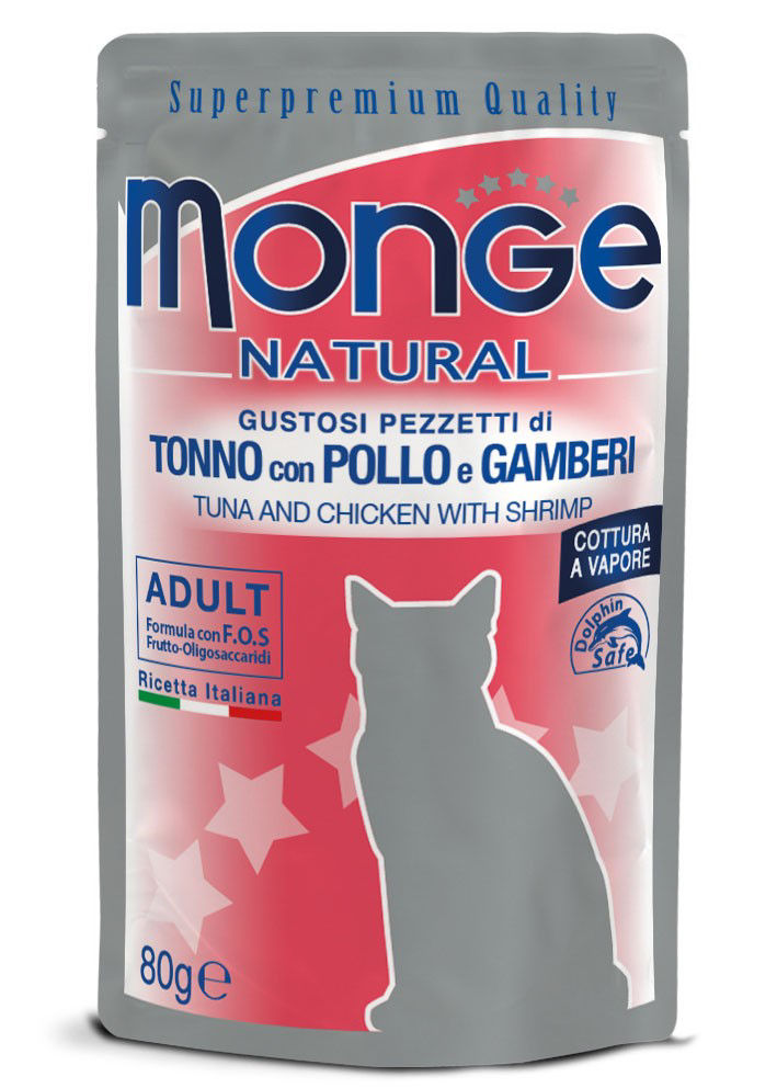 0001569 m07764 monge natural wet cat pouches tunachicken flakes with shrimp in jelly 80 g