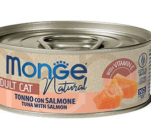 Monge kons. pašaras katėms su tuno gabalėliais, vištiena ir lašiša savo sultyse 80g