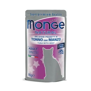 0005854 m06910 monge natural wet cat pouches tuna flakes with beef in jelly 80 g
