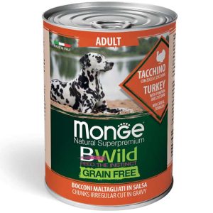 0005863 m12645 monge bwild dog adult chunkies grain free turkey with pumpkinzucchini 400g