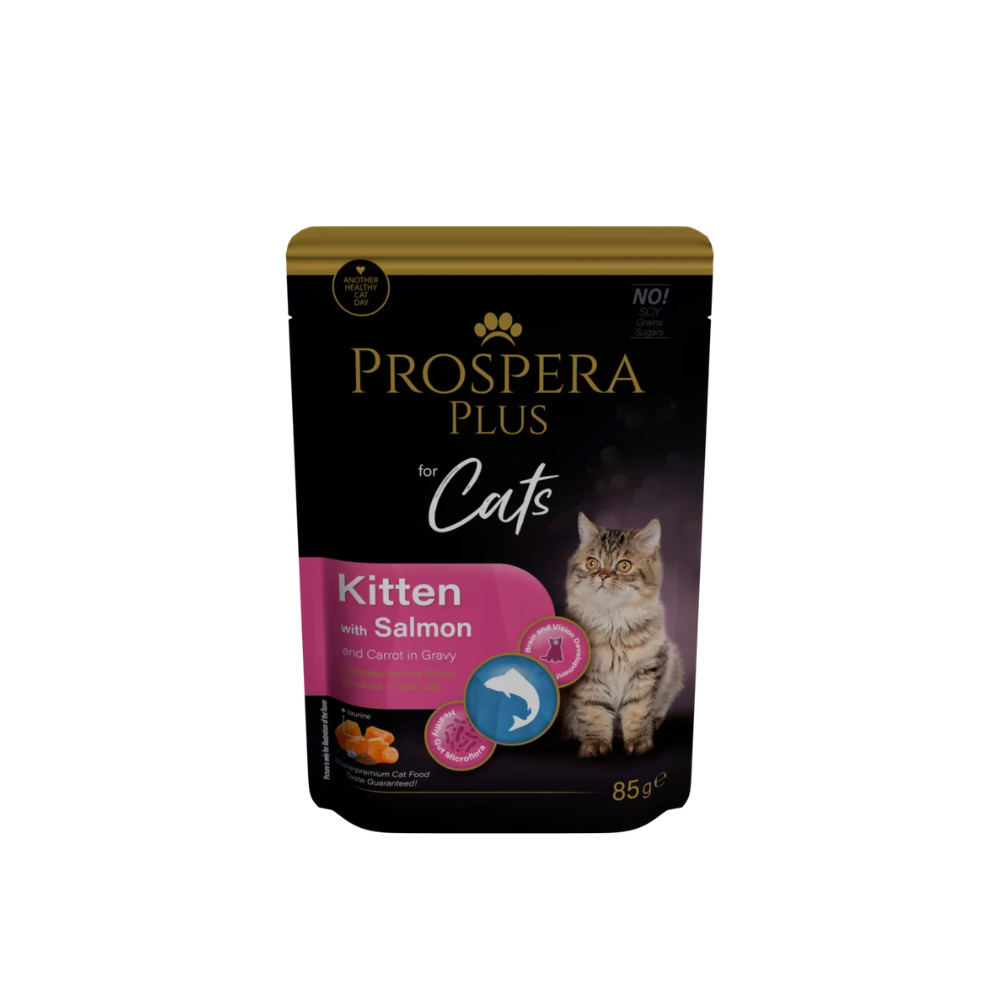 Guliašas jauniems kačiukams Prospera su lašiša ir morkomis, 85 g