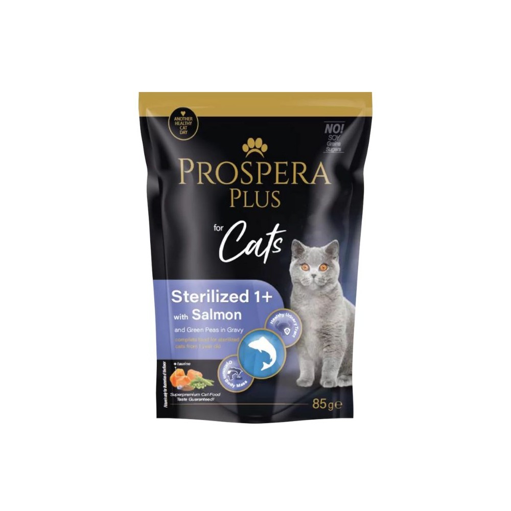 Guliašas sterilizuotoms katėms Prospera su lašiša ir žaliaisiais žirneliais, 85 g