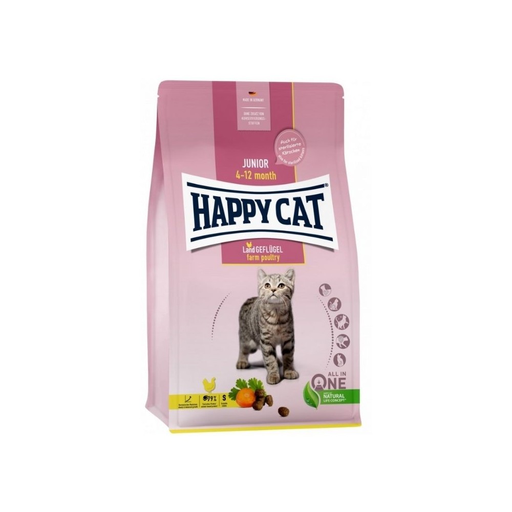 Happy Cat visavertis pašaras jaunoms katėms su paukštiena Junior LandGeflugel, 4 kg