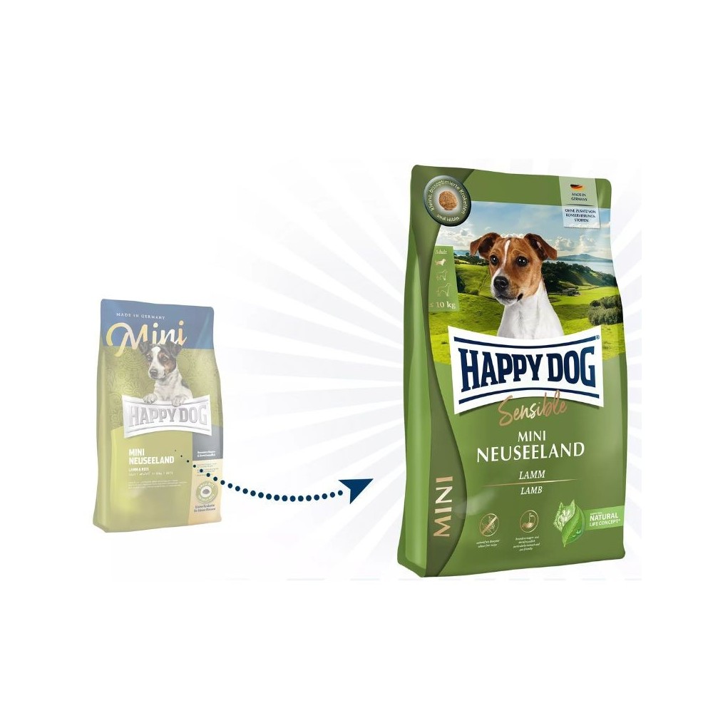 Happy Dog Mini Neuseeland visavertis pašaras mažų veislių suaugusiems šunims su ėriena ir ryžiais, 300 g