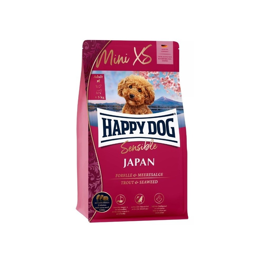 Happy Dog XS Mini Japan visavertis pašaras mažų veislių suaugusiems šunims su upėtakiais ir jūrų dumbliais, 1,3 kg