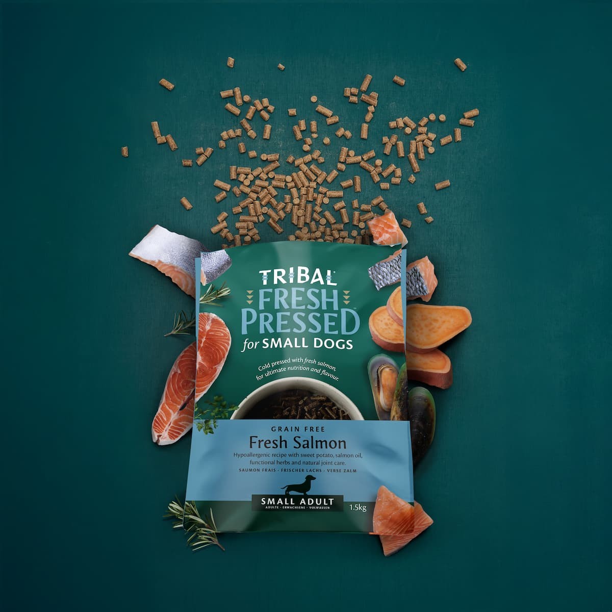 Šalto spaudimo mažų veislių suaugusių šunų maistas su lašiša – Tribal Fresh Pressed Adult Small Breed Salmon 1.5kg - Image 5